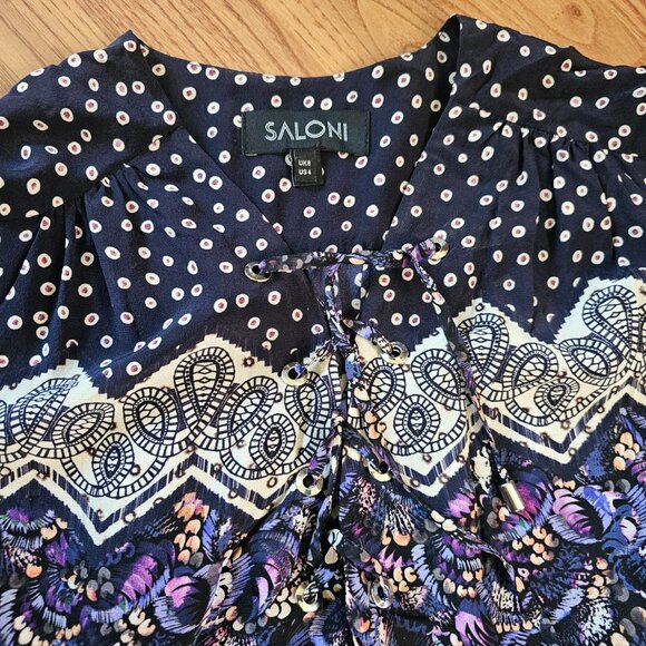 Saloni 100% Silk 3/4 Sleeves Lace Up Plunge Boho Tunic Mini Dress, US 4 - Picture 4 of 9